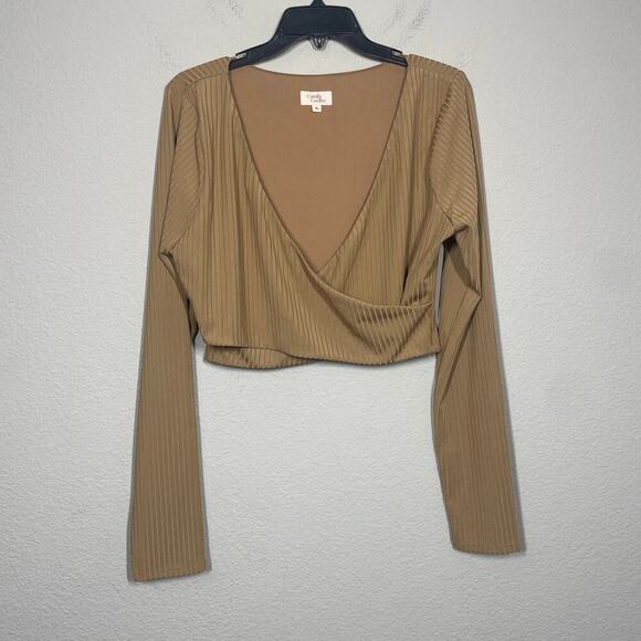 Camila Coelho XL Faux Wrap Crop Top Blouse Nude Long Sleeves Stretch Ester - Picture 2 of 8